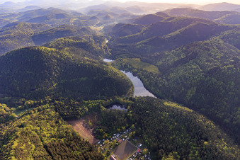 Aerial photograpy of Seehof-Weiher / Portzbach with kiosk in Erlenbach bei Dahn in the state Rhineland-Palatinate, Germany