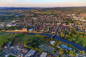 City view on the Weser in the foreground mobile camping Holzminden in Holzminden in the state Lower Saxony, Germany