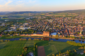 Aerial photograpy of City view from the west with the warehouse on the Weser bank of RL Rieke GmbH & Co. KG in Holzminden in the state Lower Saxony, Germany