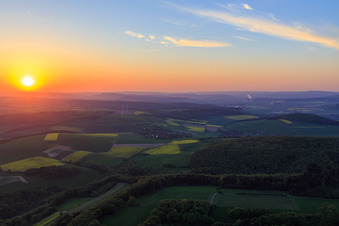 Aerial photograpy of Sunset in the Weserbergland in Ottenstein in the state Lower Saxony, Germany