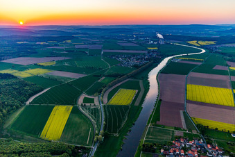 Aerial view of Nuclear power plant Grohnde from a distance at sunset in the district Grohnde in Emmerthal in the state Lower Saxony, Germany