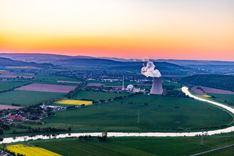Aerial view of Nuclear power plant Grohnde at sunset in the district Grohnde in Emmerthal in the state Lower Saxony, Germany