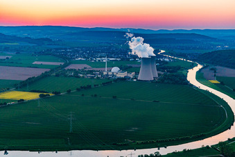 Aerial photograpy of Nuclear power plant Grohnde at sunset in the district Grohnde in Emmerthal in the state Lower Saxony, Germany