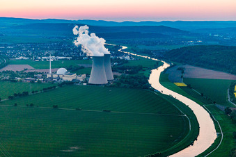 Oblique view of Nuclear power plant Grohnde at sunset in the district Grohnde in Emmerthal in the state Lower Saxony, Germany