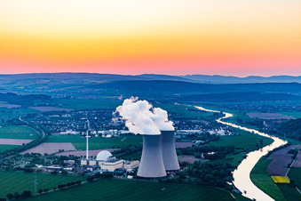 Nuclear power plant Grohnde at sunset in the district Grohnde in Emmerthal in the state Lower Saxony, Germany seen from above