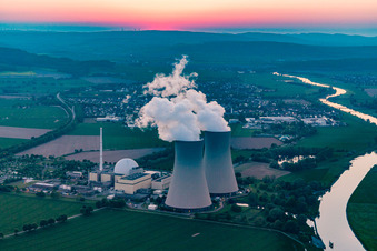 Nuclear power plant Grohnde at sunset in the district Grohnde in Emmerthal in the state Lower Saxony, Germany from the plane