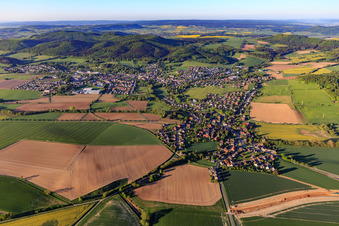 View of the town from the north in the morning in Eschershausen in the state Lower Saxony, Germany