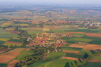 View of the town from the east in Dingolshausen in the state Bavaria, Germany