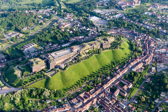 Aerial view of Fragments of the fortress citadelle of Bitsch in Bitche in Grand Est, France
