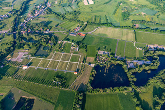 Aerial view of Exposure of archaeological excavation sites on the area Europaeischen Kulturpark Bliesbruck-Reinheim in Reinheim in the state Saarland, Germany