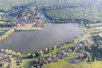 Aerial view of Pond with camping in Hambach in the state Moselle, France