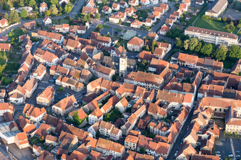 Aerial view of Town View of the streets and houses of the residential areas in Sarre-Union in Grand Est, France
