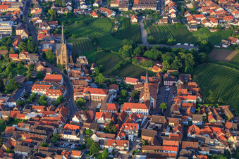 Two churches and vineyards in the village in Edenkoben in the state Rhineland-Palatinate, Germany