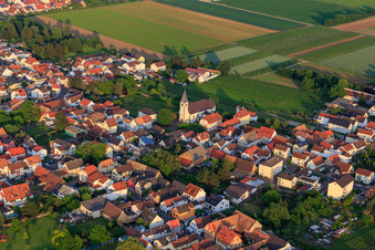 Aerial view of Catholic Parish Church of St. Leo the Great in the district Rödersheim in Rödersheim-Gronau in the state Rhineland-Palatinate, Germany