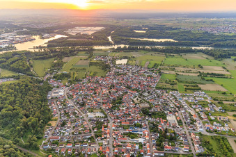 Overview of the town from the east to the Rhine at sunset in the district Rheinsheim in Philippsburg in the state Baden-Wuerttemberg, Germany