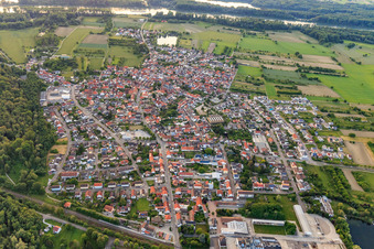 Aerial view of Overview of the town from the east in the district Rheinsheim in Philippsburg in the state Baden-Wuerttemberg, Germany