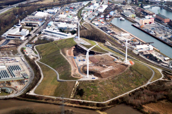 Rhine harbor, wind turbines on the garbage mountain in the district Knielingen in Karlsruhe in the state Baden-Wuerttemberg, Germany