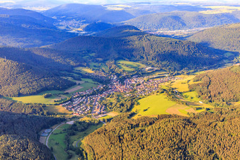 View of the town from the southwest in Kirchzell in the state Bavaria, Germany