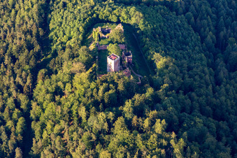 Oblique view of Wildenberg Castle in the district Preunschen in Kirchzell in the state Bavaria, Germany