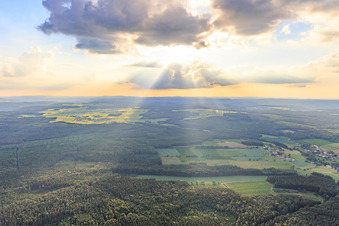 Aerial view of Cloud over the Odenwald from the east in the district Auerbach in Mudau in the state Baden-Wuerttemberg, Germany