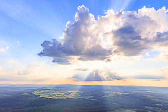 Aerial photograpy of Cloud over the Odenwald from the east in the district Auerbach in Mudau in the state Baden-Wuerttemberg, Germany