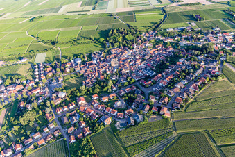 Aerial view of Village view on the edge of agricultural fields and land in Grosskarlbach in the state Rhineland-Palatinate, Germany