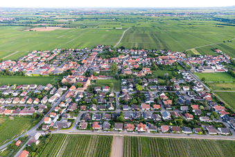 Agricultural land and field borders surround the settlement area of the village in Friedelsheim in the state Rhineland-Palatinate, Germany