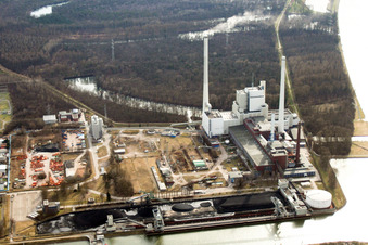 Badenwerk at the Rhine harbor from the north in the district Daxlanden in Karlsruhe in the state Baden-Wuerttemberg, Germany
