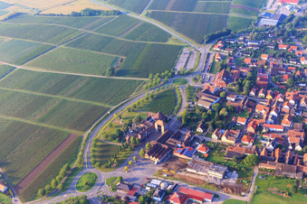 Aerial view of Wine Route with German Wine Gate in Schweighofen in the state Rhineland-Palatinate, Germany