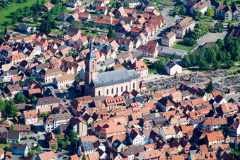 Aerial view of Church building of paroisse protestante in Reichshoffen in Grand Est, France
