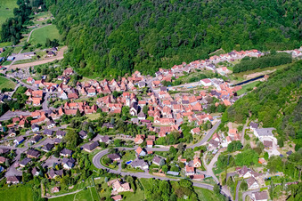 Aerial photograpy of Village - view on the edge of agricultural fields and farmland in Rothbach in Grand Est, France
