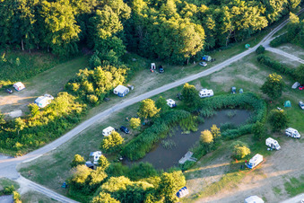(DK), Møns Klint Resort and Camping in Borre in the state Zealand, Denmark seen from a drone
