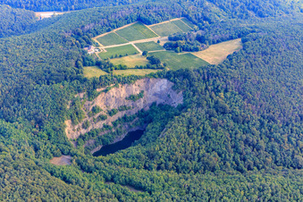 Aerial view of Basalt lake in the Pechsteinkopf nature reserve - old quarry in Forst an der Weinstraße in the state Rhineland-Palatinate, Germany