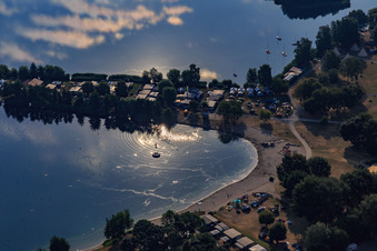 Leisure - Camping Erlichsee on a promontory of the quarry lake in the district Oberhausen in Oberhausen-Rheinhausen in the state Baden-Wuerttemberg, Germany