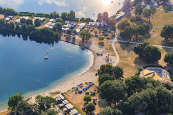 Leisure - Camping Erlichsee on a promontory of the quarry lake in the district Oberhausen in Oberhausen-Rheinhausen in the state Baden-Wuerttemberg, Germany from above