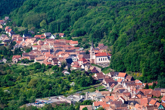 Aerial view of Village - view on the edge of agricultural fields and farmland in Saint-Jean-Saverne in Grand Est, France