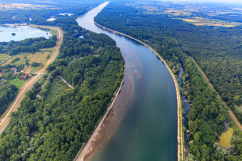 Aerial view of Sandbanks between the groynes on the Rhine in the district Liedolsheim in Dettenheim in the state Baden-Wuerttemberg, Germany
