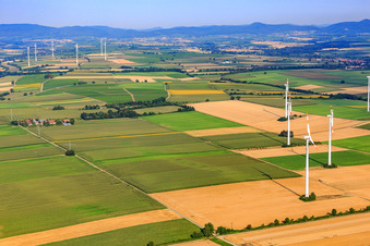 Wind turbines in Minfeld in the state Rhineland-Palatinate, Germany from above