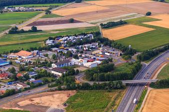 Aerial view of Speyerer Straße commercial area on the B9 in Schwegenheim in the state Rhineland-Palatinate, Germany