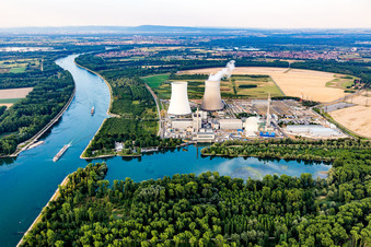 Aerial view of Building the partly decommissioned reactor units and systems of the NPP - NPP nuclear power plant EnBW Kernkraft GmbH, Kernkraftwerk Philippsburg in Philippsburg in the state Baden-Wurttemberg, Germany