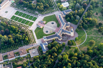 Aerial view of Building complex in the park of the castle Karlsruhe in Karlsruhe in the state Baden-Wurttemberg, Germany