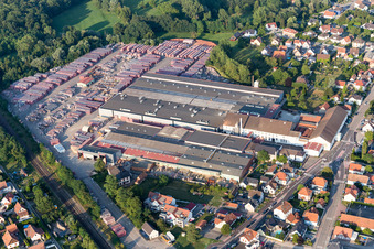 Aerial photograpy of Building and production halls on the premises of Ziegelwerke Wienerberger in Seltz in Grand Est, France