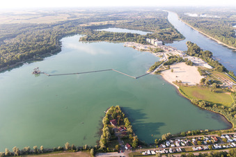 Oblique view of Baggesee and ferry in Seltz in the state Bas-Rhin, France