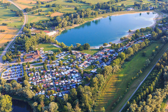 Aerial view of Camping Park Rastatt leisure paradise on the lake in the district Plittersdorf in Rastatt in the state Baden-Wuerttemberg, Germany