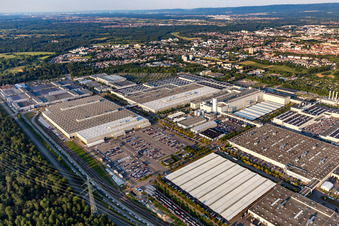 Buildings and production halls on the vehicle construction site of Merceof-Benz factory Rastatt in Rastatt in the state Baden-Wurttemberg, Germany from above
