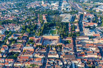Aerial photograpy of Building complex in the park of the castle Residenzschloss Rastatt in Rastatt in the state Baden-Wurttemberg, Germany