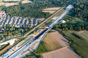 Aerial view of Construtcion work on a rail tunnel track in the route network of the Deutsche Bahn in Rastatt in the state Baden-Wurttemberg, Germany