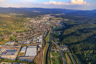 Aerial photograpy of City on the Murg from the northeast in the district Bad Rotenfels in Gaggenau in the state Baden-Wuerttemberg, Germany