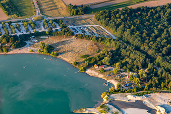 Aerial view of Bathers in and on the beach of Lake Epplesee in the district Silberstreifen in Rheinstetten in the state Baden-Wuerttemberg, Germany