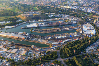 Karlsruhe Rhine ports from the south in the district Mühlburg in Karlsruhe in the state Baden-Wuerttemberg, Germany